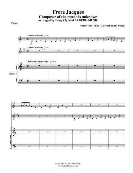 Frere Jacques for Flute, Clarinet & Piano (arr. Doug Clyde)