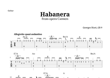 Habanera from Carmen by Bizet for Guitar TAB with Chords (arr. Langanho)