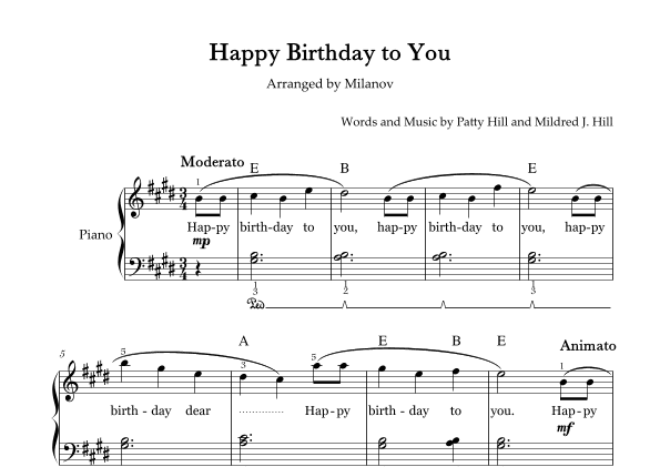 Happy Birthday to You in E Piano Easy Intermediate Chord Fingering Lyrics Pedal (arr. Milanov)
