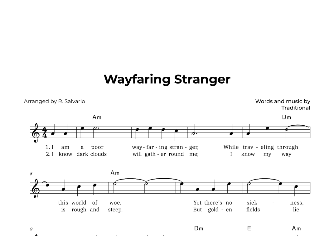 Wayfaring Stranger (Key of A Minor) (arr. R. Salvario)