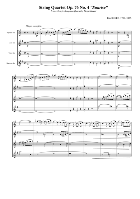 String Quartet Op. 76 No. 4 "Sunrise" for Saxophone Quartet (SATB) (arr. Diego Marani)