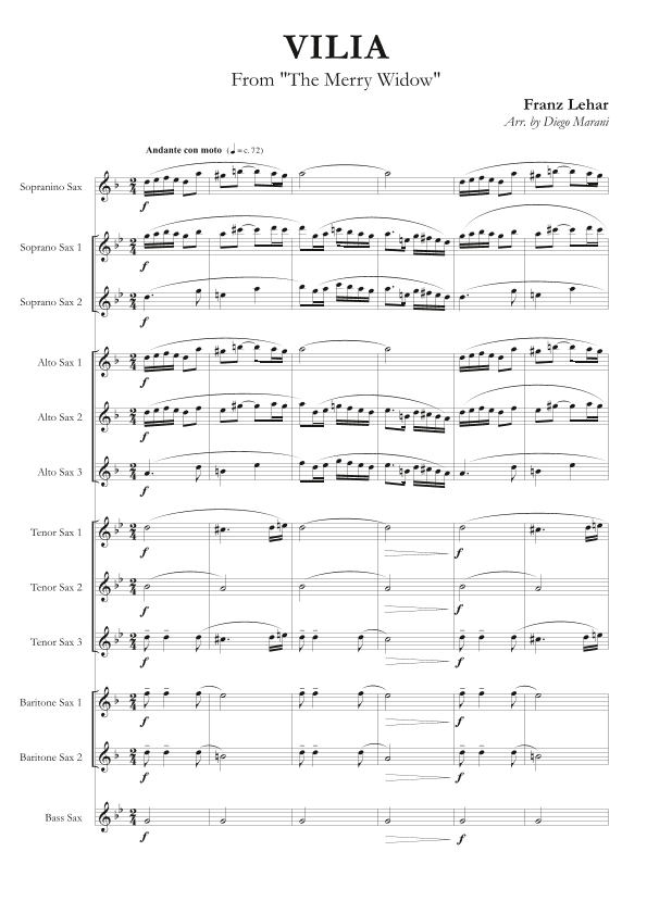 Vilia from "The Merry Widow" for Saxophone Ensemble (arr. Diego Marani)
