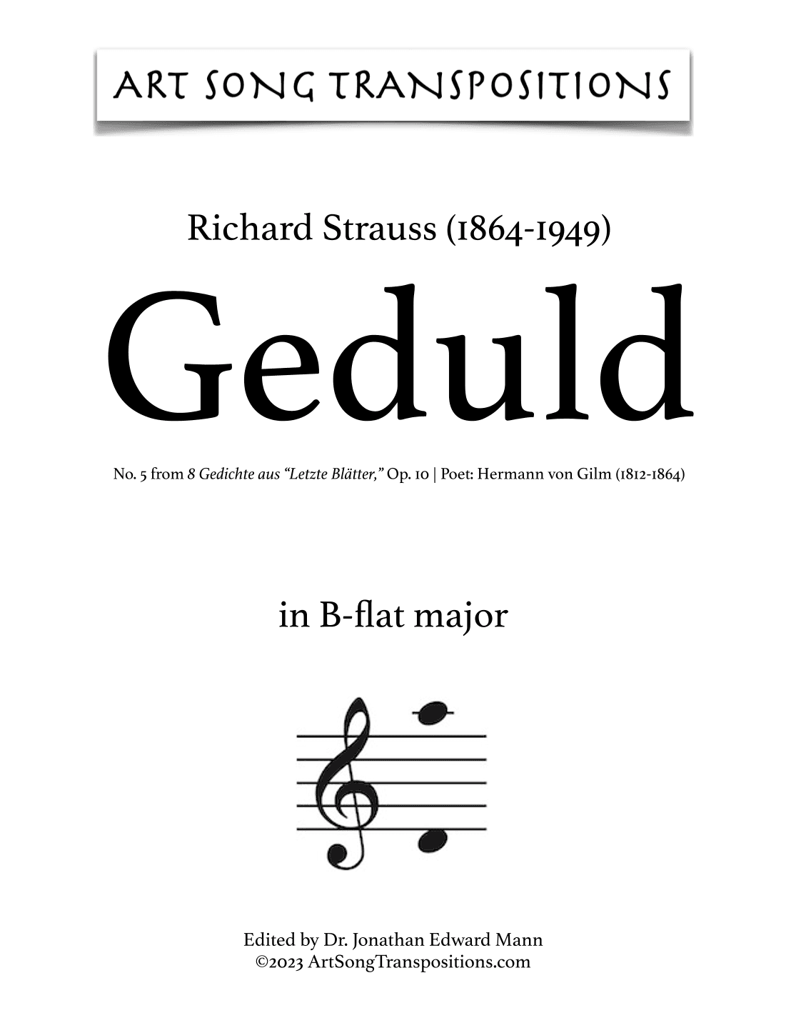 STRAUSS: Geduld, Op. 10 no. 5 (transposed to B-flat major) (arr. ArtSongTranspositions.com)