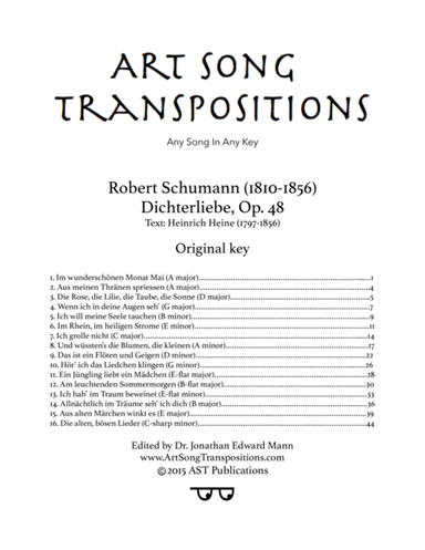 SCHUMANN: Dichterliebe, Op. 48 (Original key) (arr. ArtSongTranspositions.com)