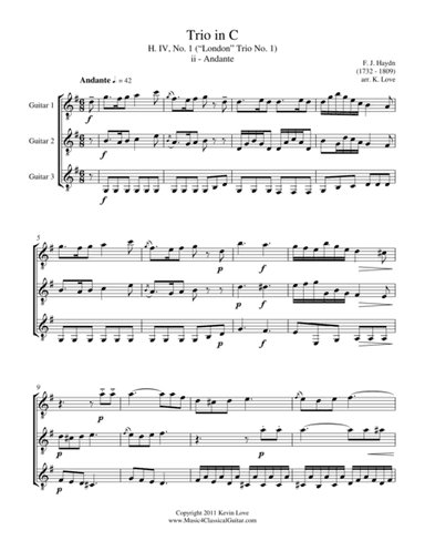 Trio in C, H. IV, No. 1 - ii - Andante (Guitar Trio) - Score and Parts (arr. Kevin Love)