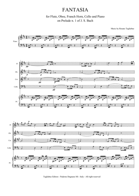 FANTASIA for Flute, Oboe, Franch Horn, Cello and Piano on Prelude n. 1 of J. S. Bach - With Parts