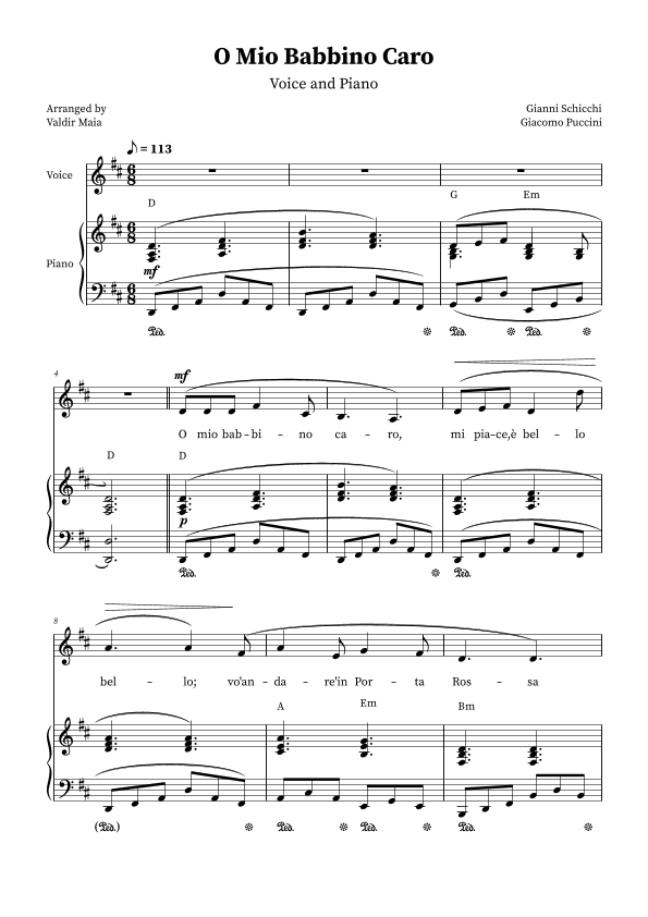 O Mio Babbino Caro - Female Voice in D Major (with chords) (arr. Valdir Maia)