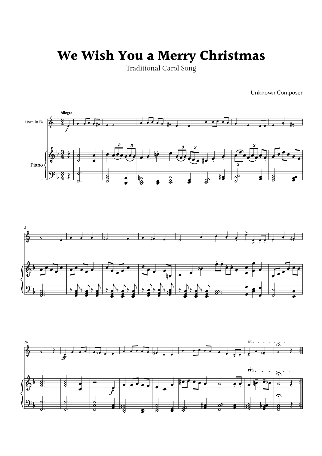 We Wish you a Merry Christmas for B- Flat Horn and Piano (arr. Rika K.)