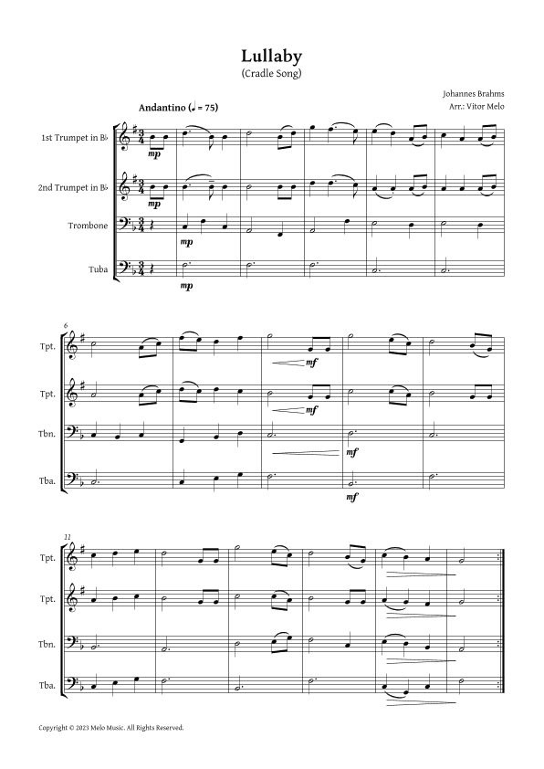Brahms Lullaby - Brass Quartet (arr. Vitor Melo)