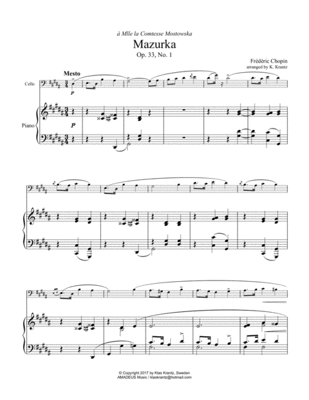 Mazurka, Mesto Op. 33, No 1 for cello and piano (arr. Amadeus Music)