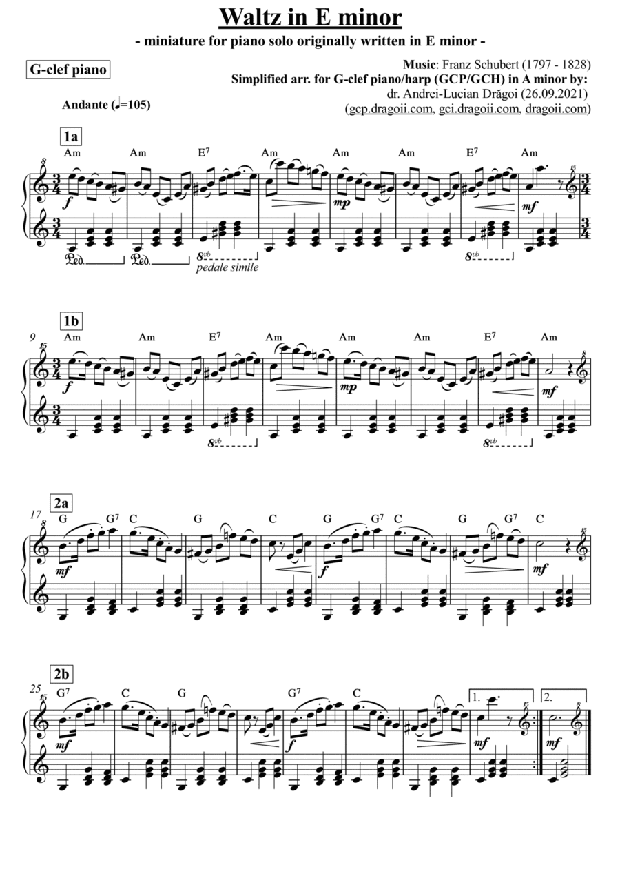 Schubert (Franz) - Waltz in Em - arr. for G-clef piano in A minor (arr. Andrei Lucian Dragoi)