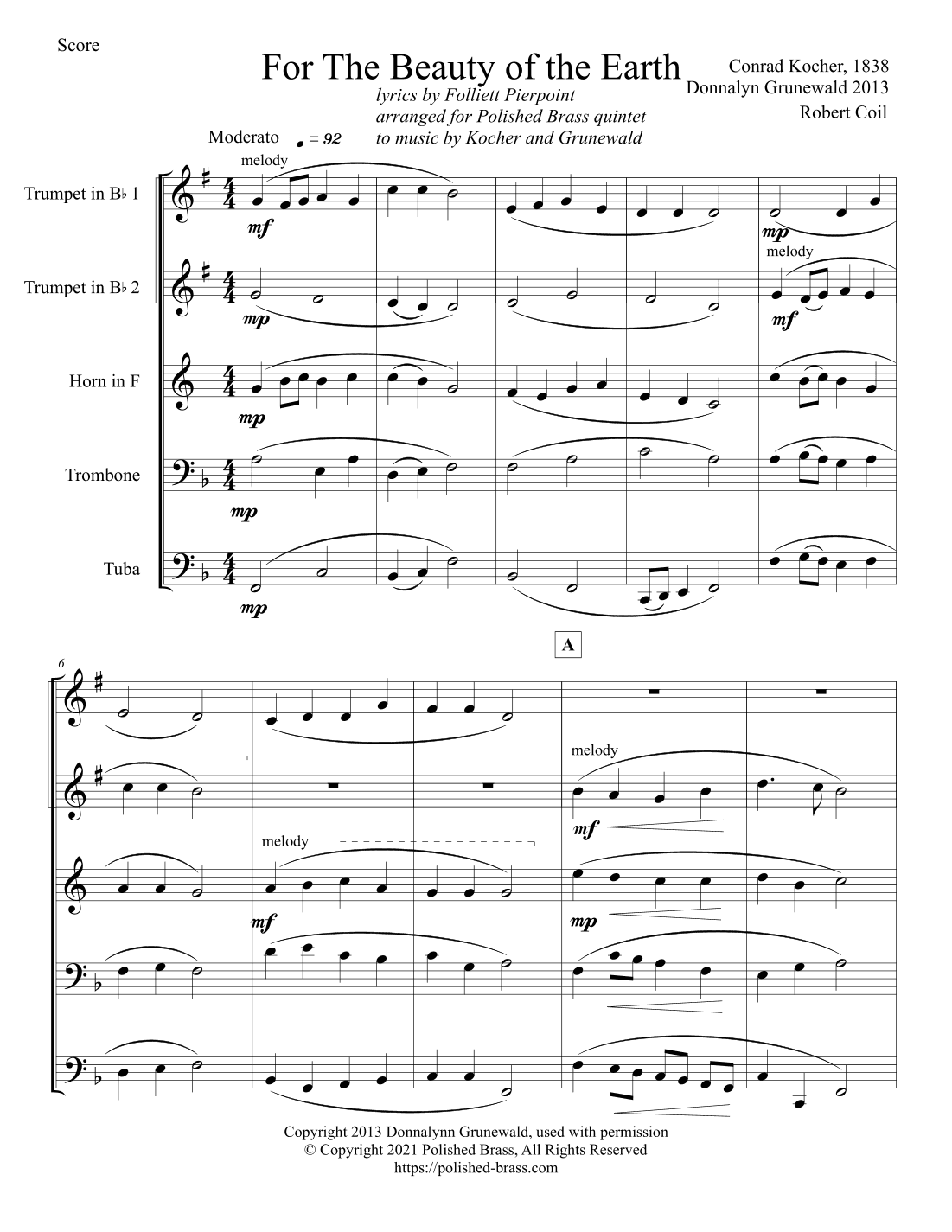 For the Beauty of the Earth (Brass Quintet) (arr. Robert Coil)