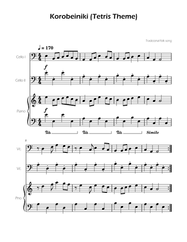 Tetris Theme for Cello Duet and Piano (arr. Ygor Nunes)