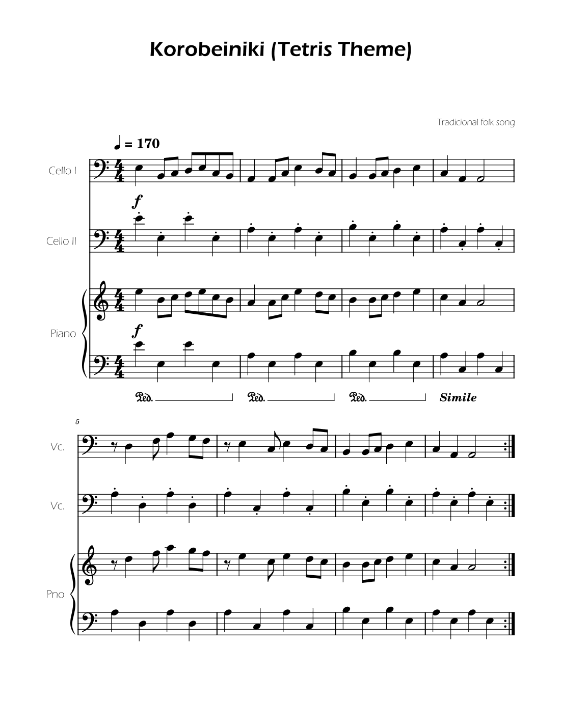 Tetris Theme for Cello Duet and Piano (arr. Ygor Nunes)