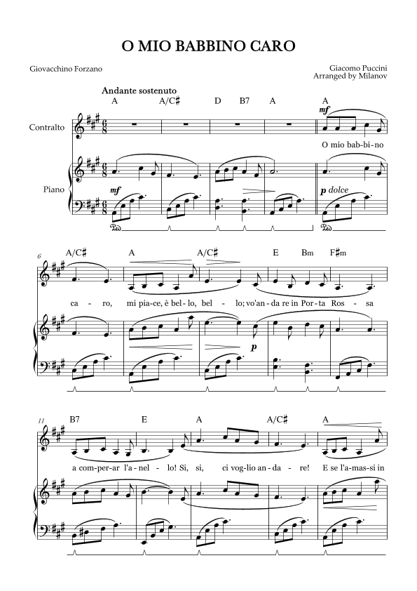 O Mio Babbino Caro | Female Voice Contralto | A Major | Piano accompaniment | Pedal | Chords (arr. Milanov)