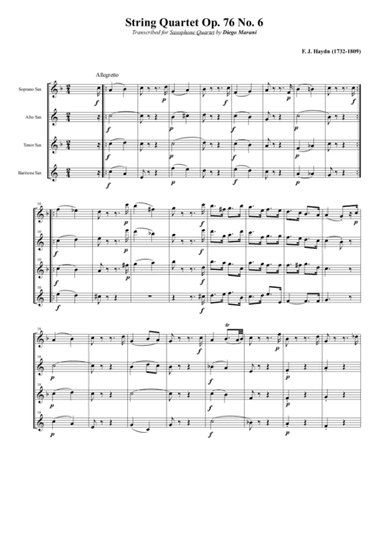 String Quartet Op. 76 No. 6 for Saxophone Quartet (SATB) (arr. Diego Marani)