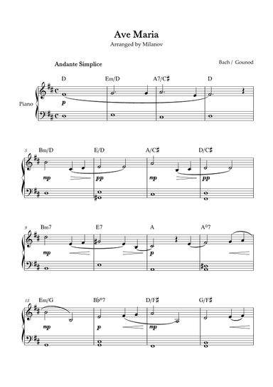 Ave Maria Bach Gounod in D Easy Beginner Piano Chord (arr. Milanov)