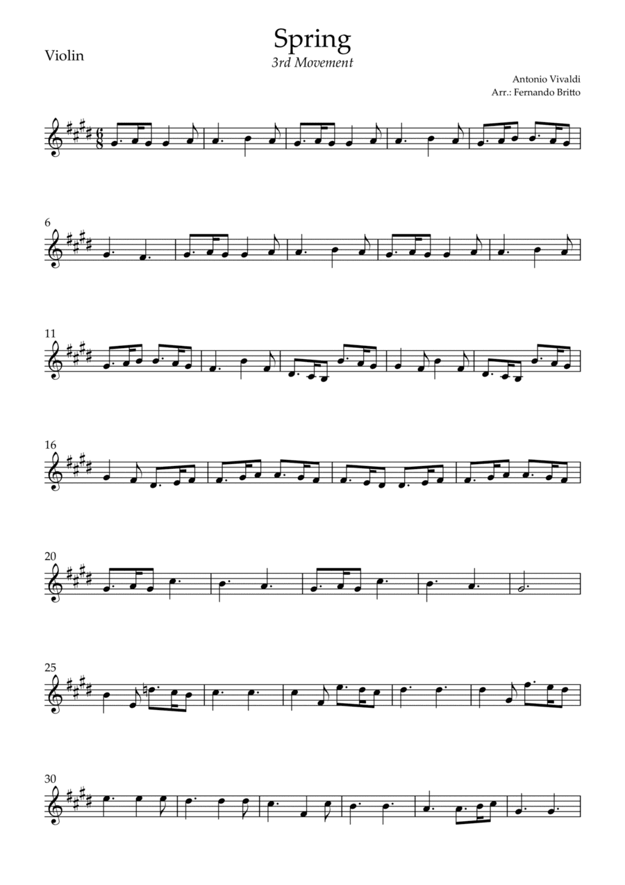 Spring - 3rd Movement (Antonio Vivaldi) for Violin Solo (arr. Fernando Britto)