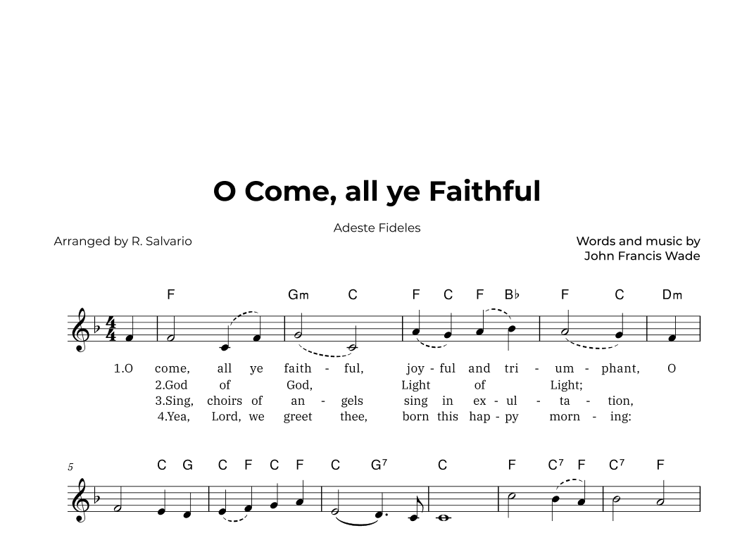 O Come, all ye Faithful - Adeste Fideles (Key of F Major) (arr. R. Salvario)