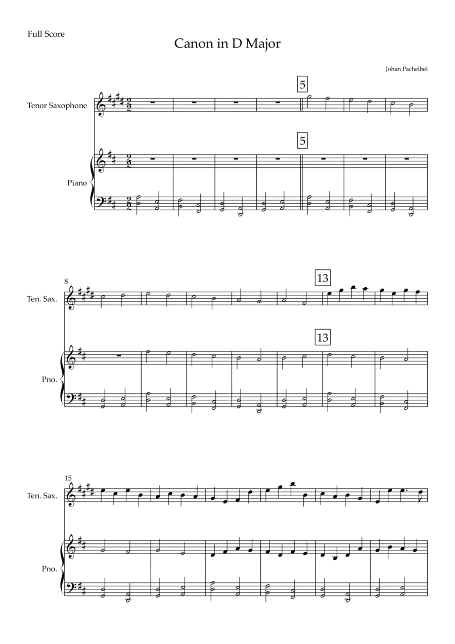 Canon in D Major (Johann Pachelbel) for Tenor Saxophone Solo and Piano Accompaniment (arr. Fabio Britto)