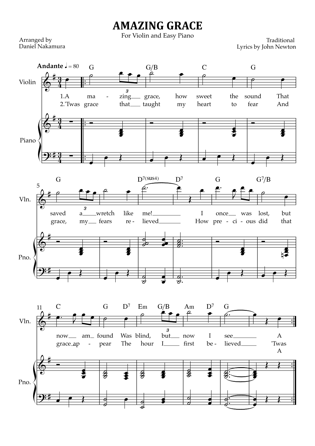 Amazing Grace (for Violin with easy piano) (arr. Daniel Nakamura)