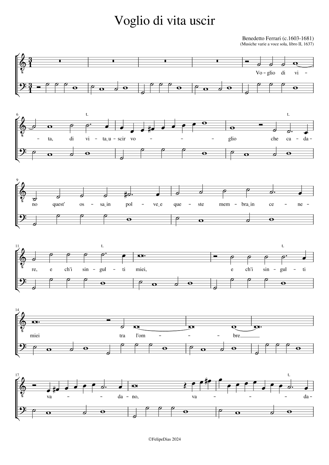 Benedetto Ferrari: Voglio di vita uscir (arr. Early Music Scores)