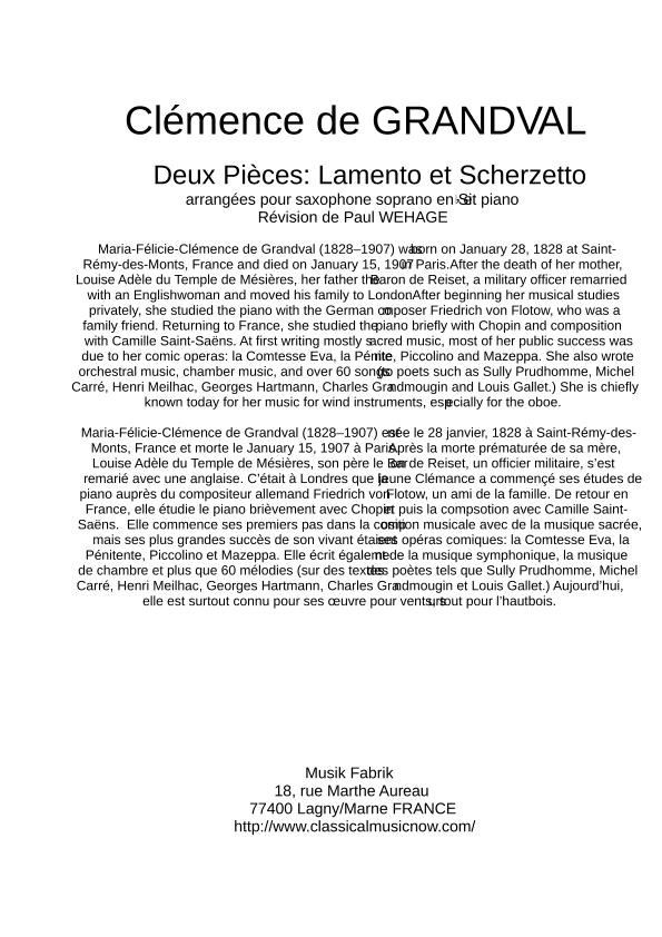 Deux Pièces: Lamento et Scherzetto for Bb soprano saxophone and piano (arr. Paul Wehage (editor))