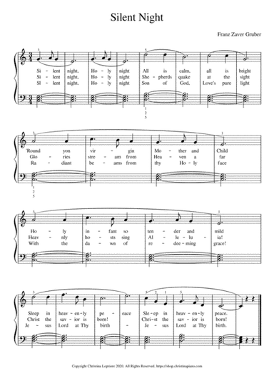 Silent Night Easy Piano Sheet Music Download with Lyrics in C Major (arr. Christina Lopriore)