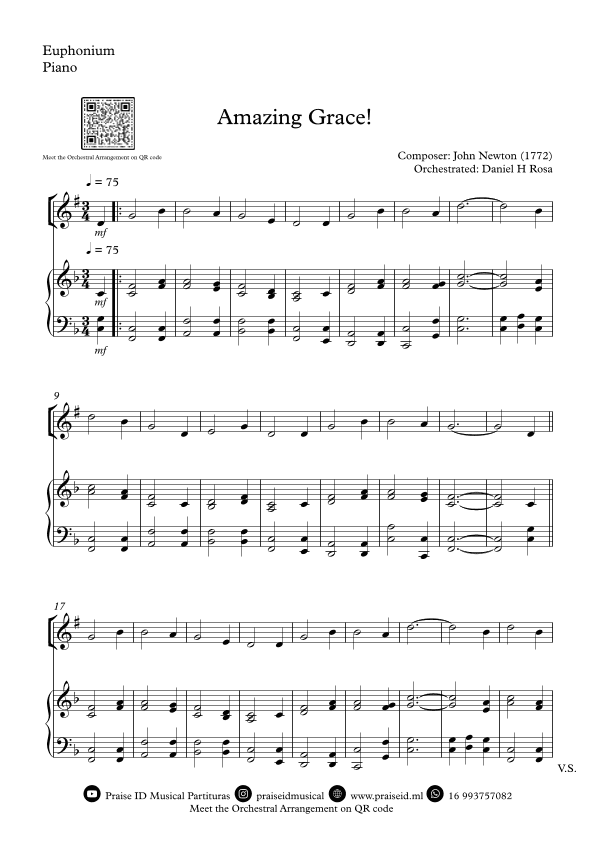 Amazing Grace How Sweet the sound - Easy Euphonium and Piano (arr. Daniel H Rosa)