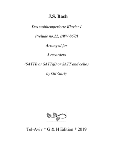 Prelude from Das wohltemperierte Klavier I, BWV 867/II (Version in A minor) (arrangement for 5 recor (arr. Gil Garty)