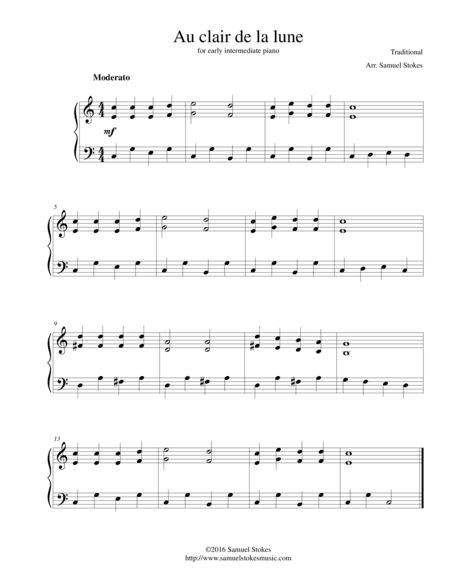 Au clair de la lune - for early intermediate piano (arr. Samuel Stokes)
