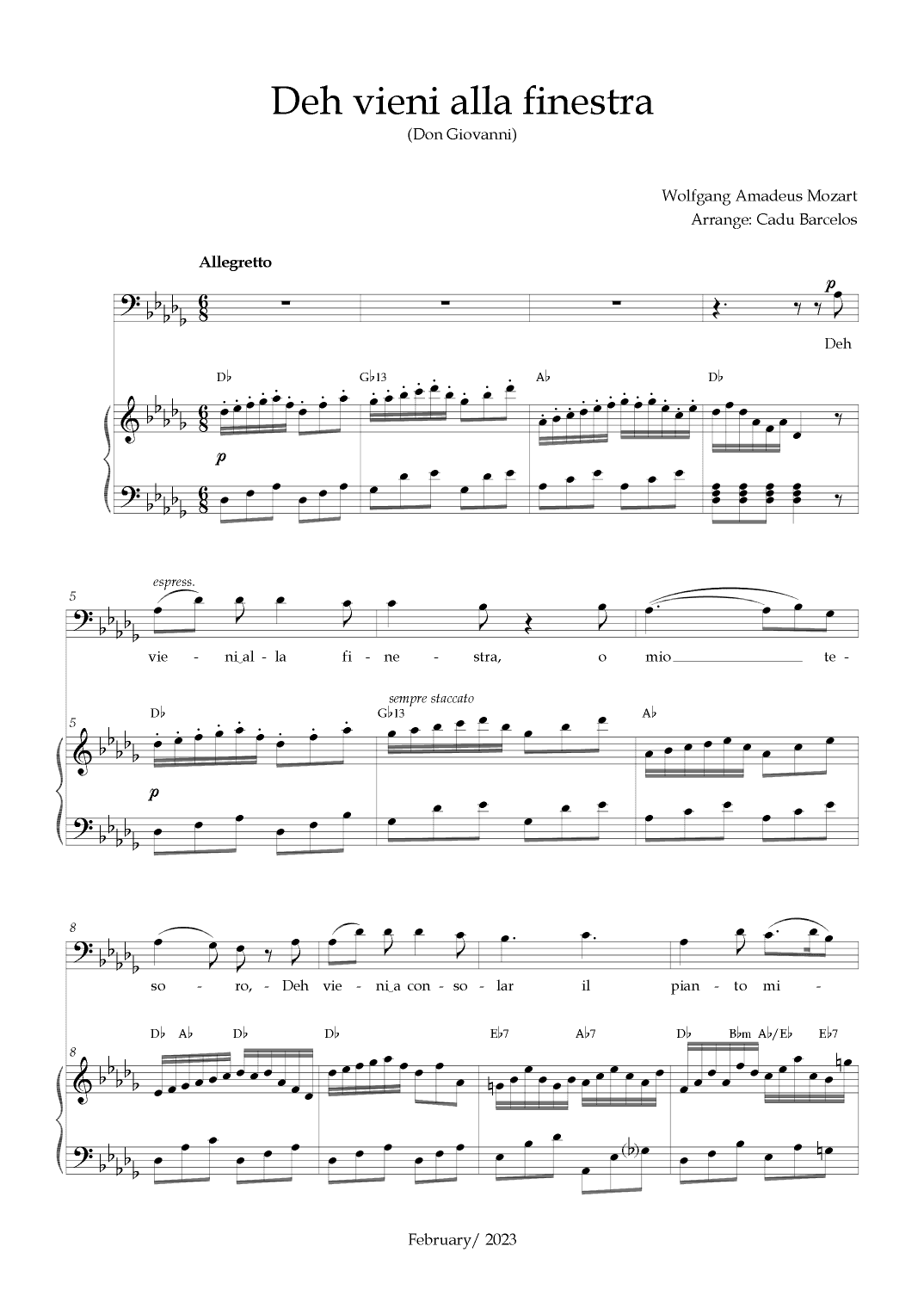 Deh vieni alla finestra (Don Giovanni) Mozart - Db Major Chords (BARITONE) (arr. Cadu Barcelos)