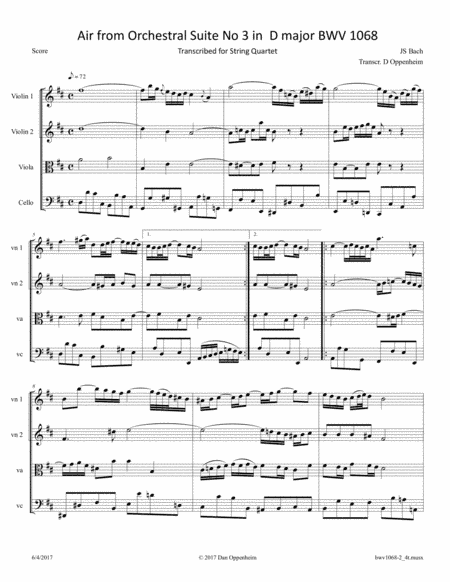Bach: Air from Orchestral Suite No. 3 BWV 1068 Mvt 2 Arr. for String Quartet (arr. D Oppenheim)