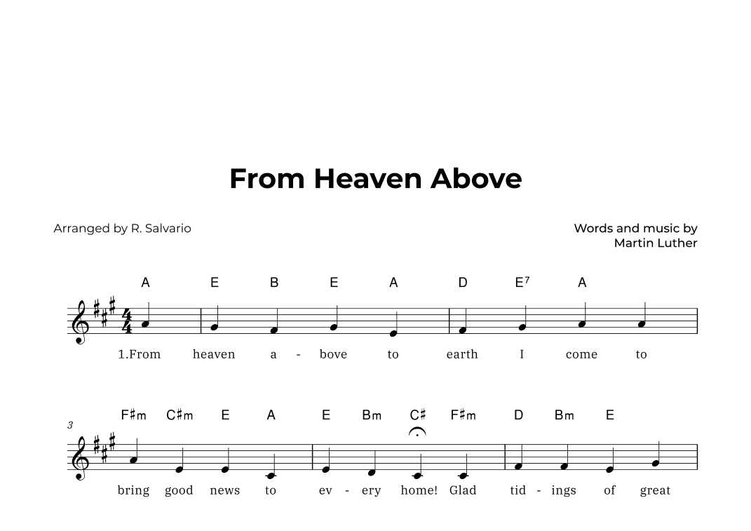 From Heaven Above (Key of A Major) (arr. R. Salvario)