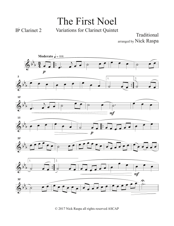 The First Noel (Variations for Clarinet Quintet) Bb Clarinet 2 part (arr. Nick Raspa)