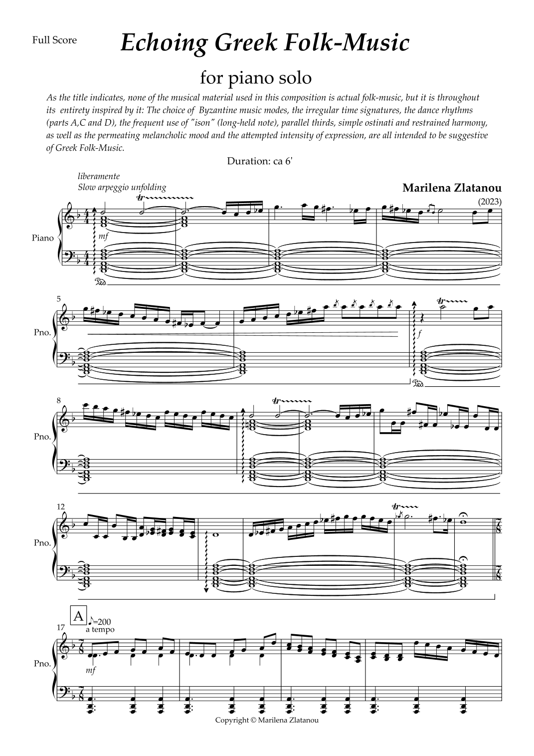 ECHOING GREEK FOLK MUSIC, for piano solo