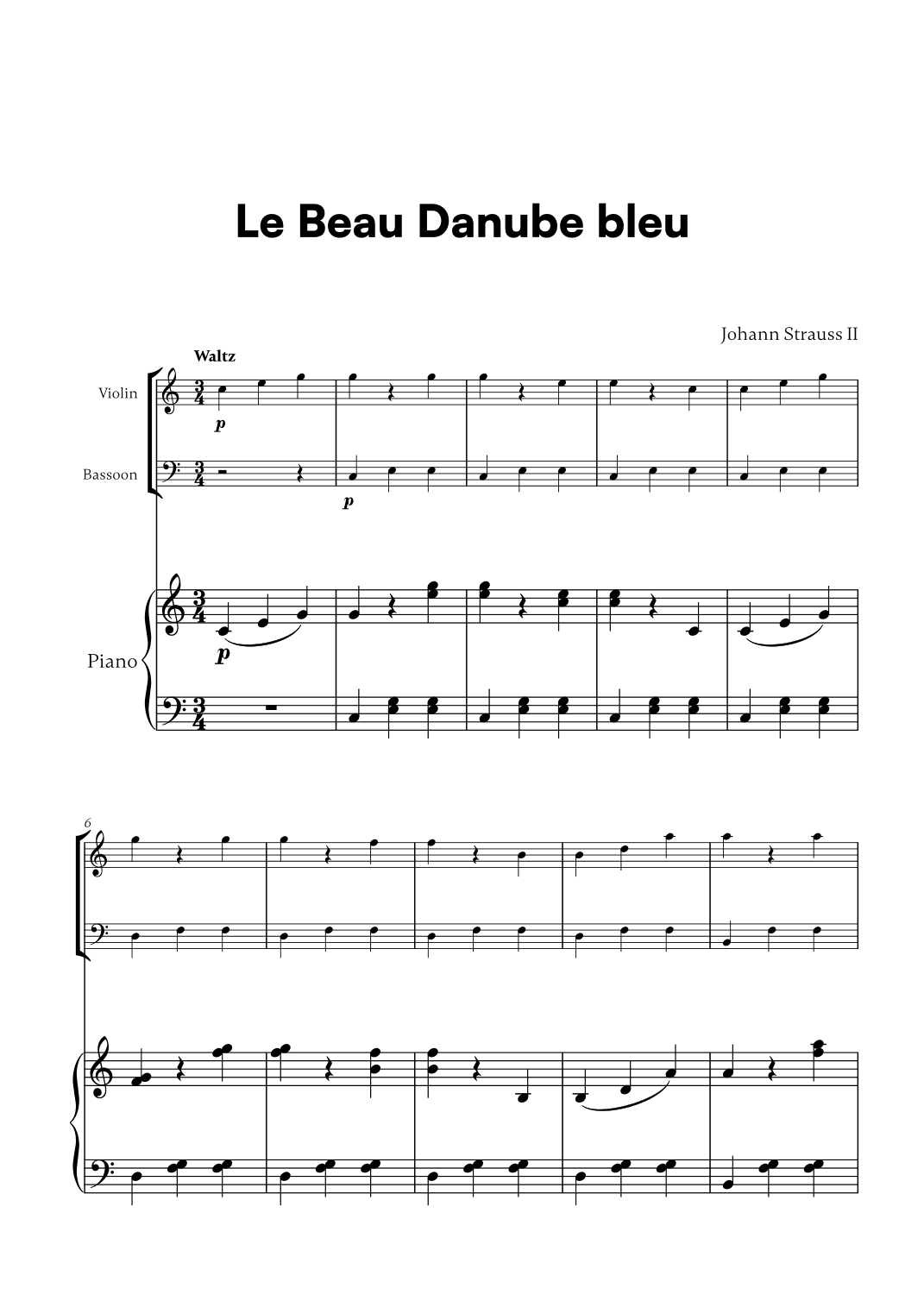 Johann Strauss II - Le Beau Danube bleu for Violin, Bassoon and Piano (arr. Cadenza Editions)
