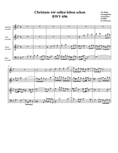 Christum wir sollen loben schon, BWV 696 (arrangement for 4 recorders) (arr. Gil Garty)