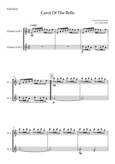 Carol Of The Bells (Mykola Leontovych) for Clarinet in Bb Duo (arr. Fabio Britto)