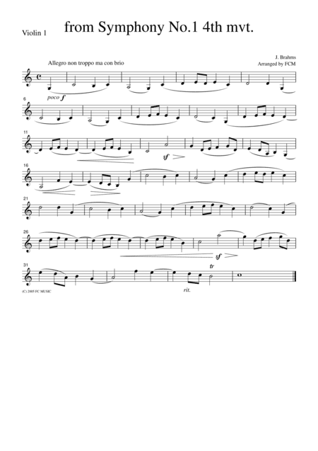 Brahms from Symphony No.1, 4th mvt., for string quartet, CB305 (arr. FCMUSIC)