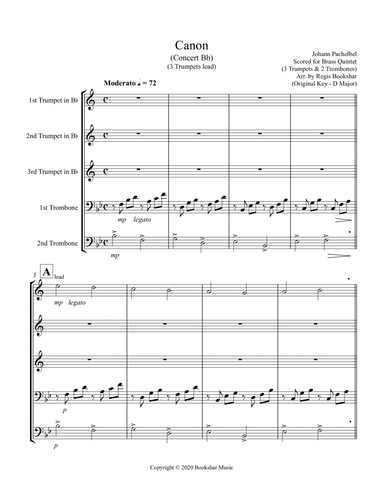 Canon (Pachelbel) (Bb) (Brass Quintet - 3 Trp, 2 Trb) (arr. Regis Bookshar)
