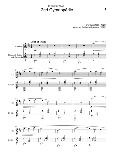 Erik Satie - 2nd Gymnopédie. Arrangement for Clarinet and Classical Guitar (arr. Guilherme Facchetti)