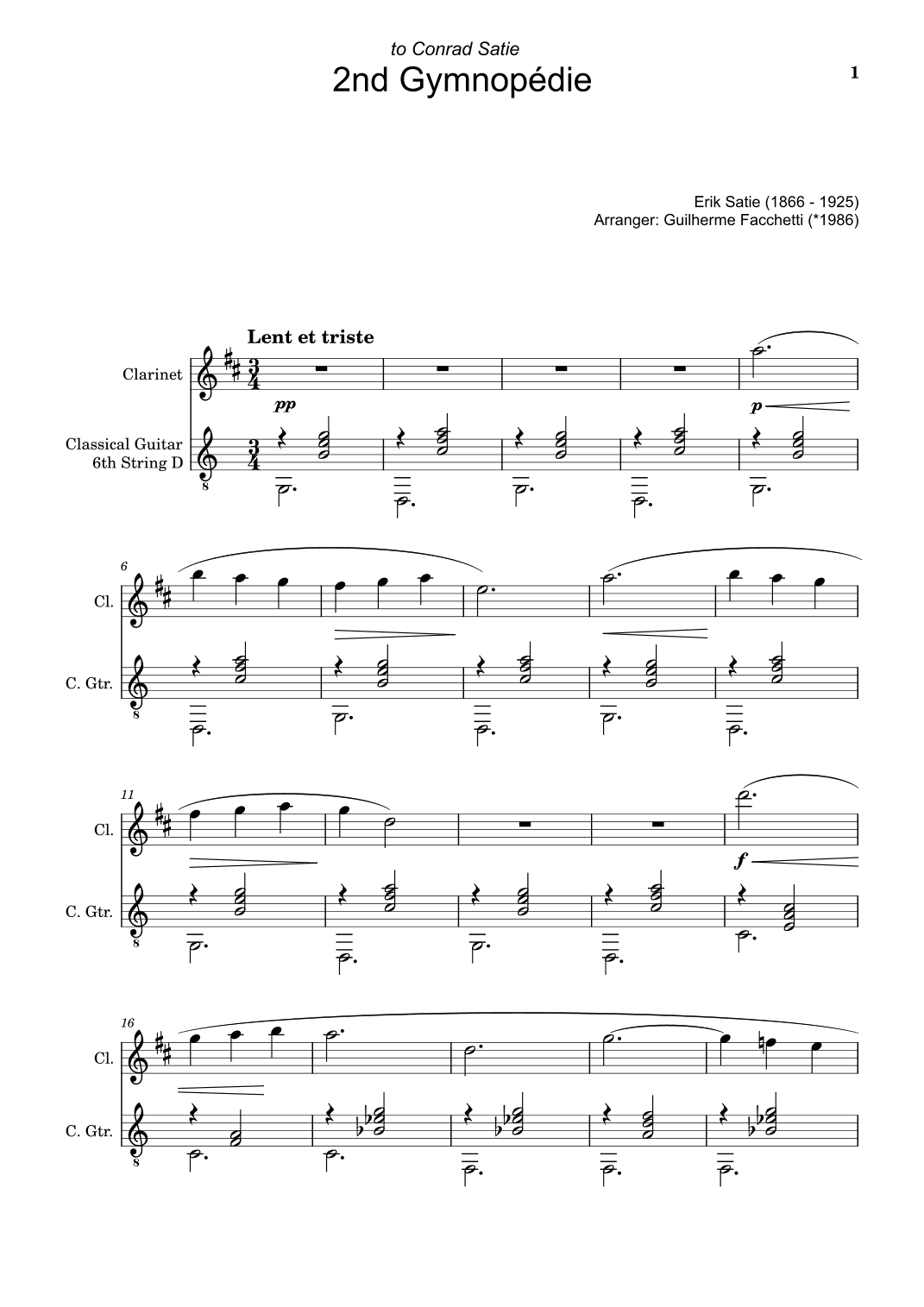 Erik Satie - 2nd Gymnopédie. Arrangement for Clarinet and Classical Guitar (arr. Guilherme Facchetti)