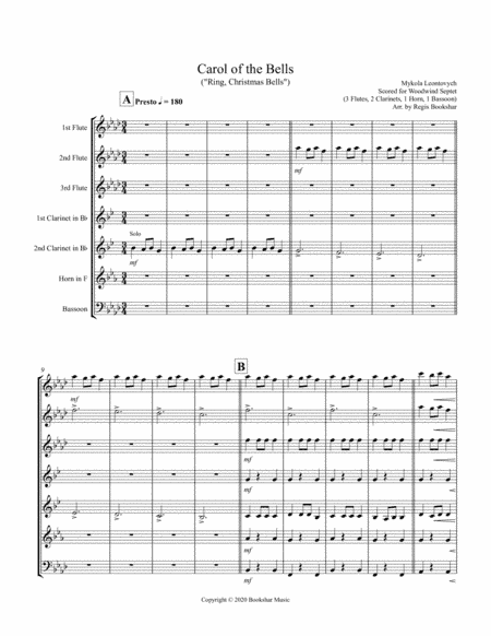 Carol of the Bells (F min) (Woodwind Septet - 3 Flute, 2 Clar, 1 Hrn, 1 Bassoon) (arr. Regis Bookshar)
