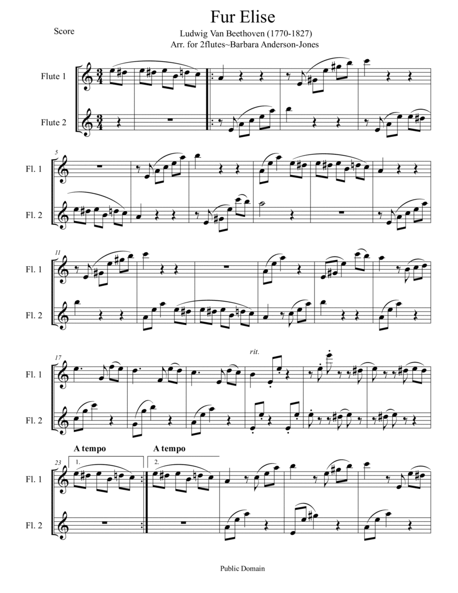 Fur Elise (Flute Duet) (arr. Barbara Anderson-Jones)