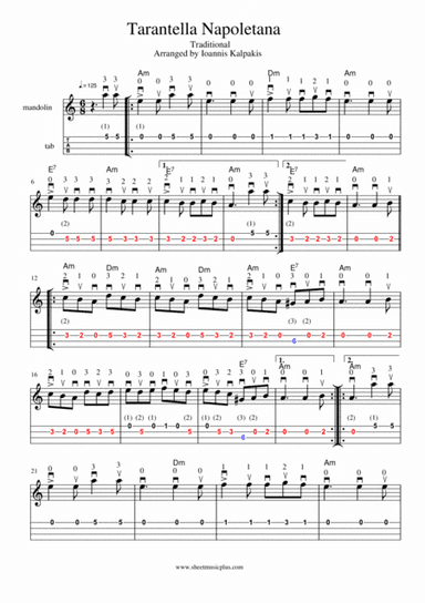 Tarantella Napoletana. Mandolin sheet music and tablature (arr. Ioannis Kalpakis www.mandolino.blogspot.com)