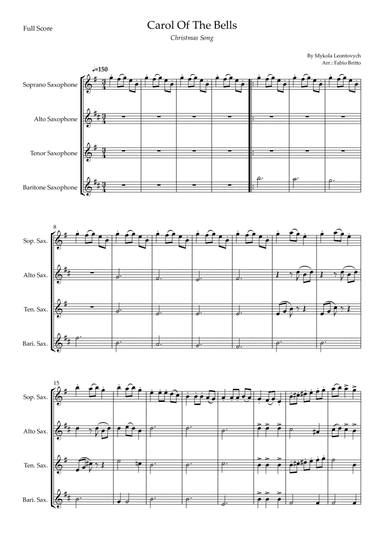 Carol Of The Bells (Christmas Song) for Saxophone Quartet (D Minor) (arr. Fabio Britto)