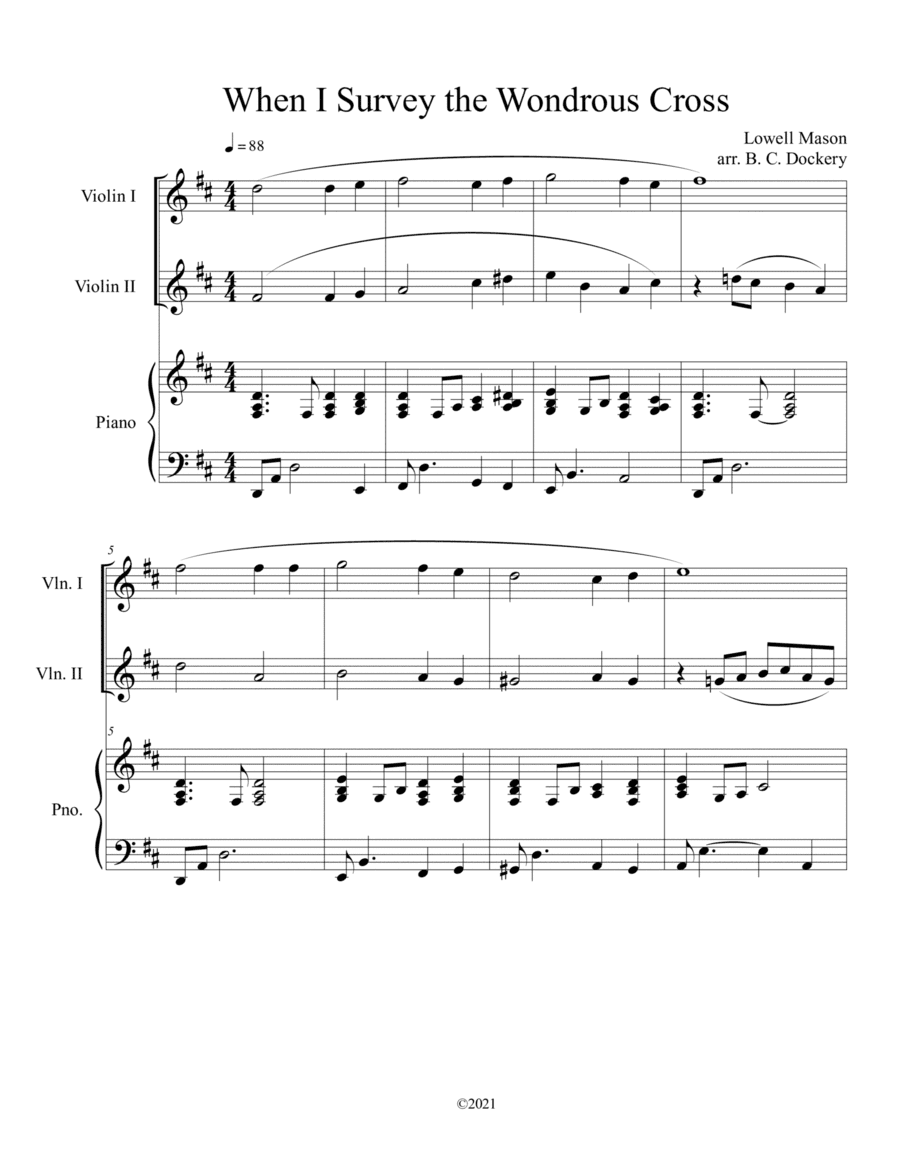 When I Survey the Wondrous Cross (Violin Duet) with optional piano accompaniment (arr. B. C. Dockery)