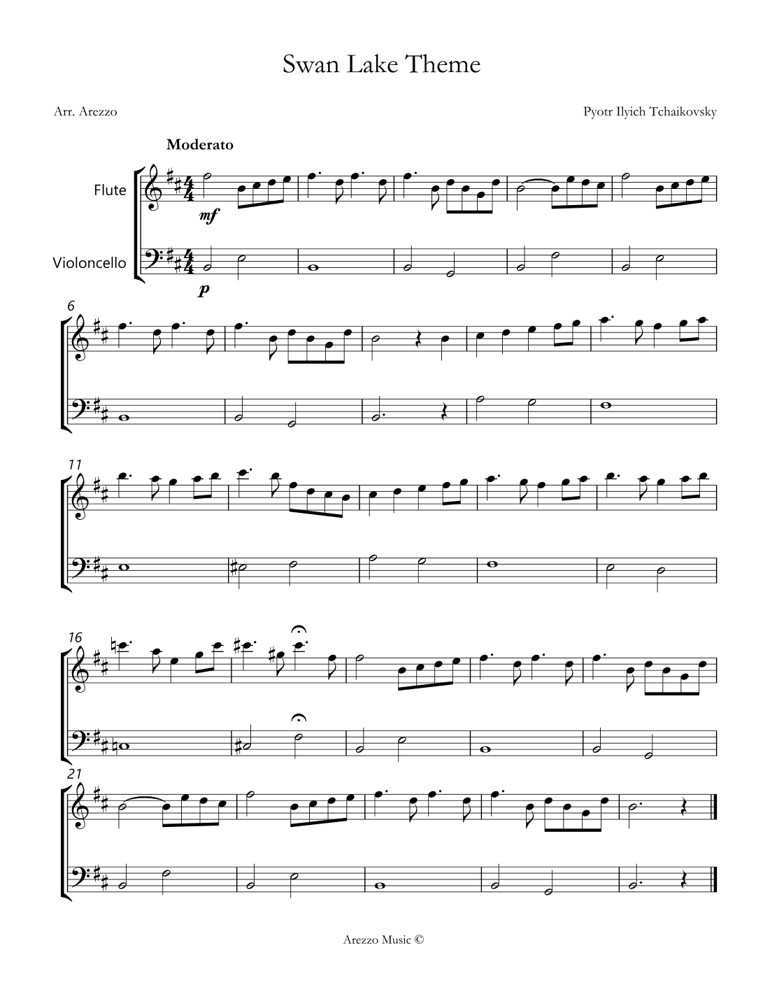 the swan lake theme sheet music for beginners Flute and Cello (arr. Arezzo Music)