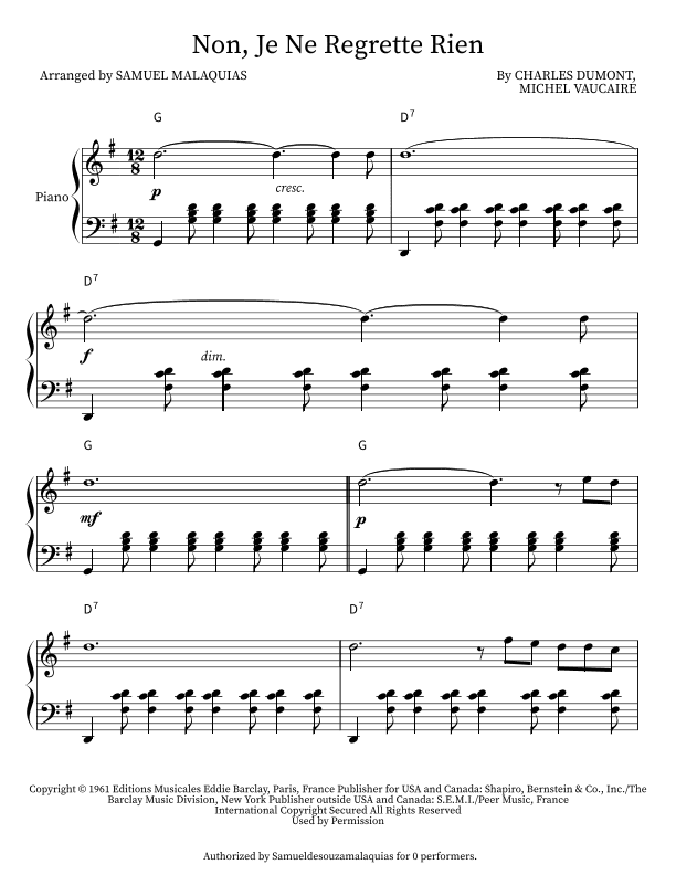 Non, Je Ne Regrette Rien (arr. SAMUEL DE SOUZA MALAQUIAS)